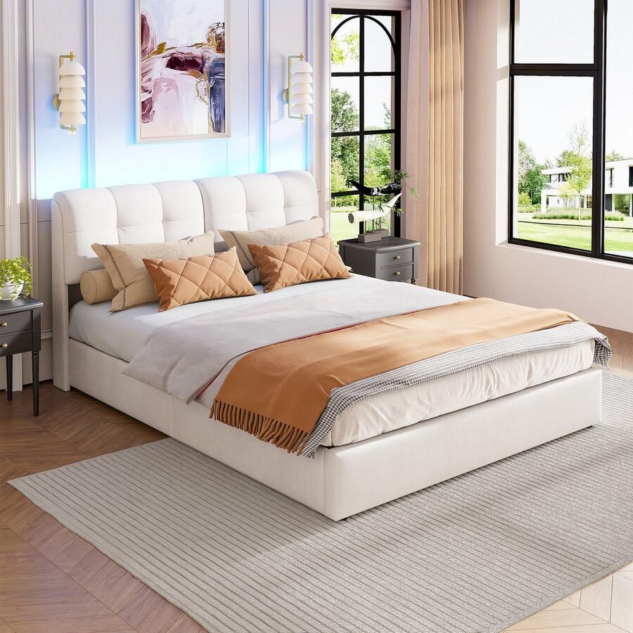 BursDany Gestoffeerd tweepersoonsbed 140x200 cm met LED Volwassen bed met lattenbodem en hoofdbord Bedframe met Beige Fluwelen Opbergruimte (Zonder Matras)