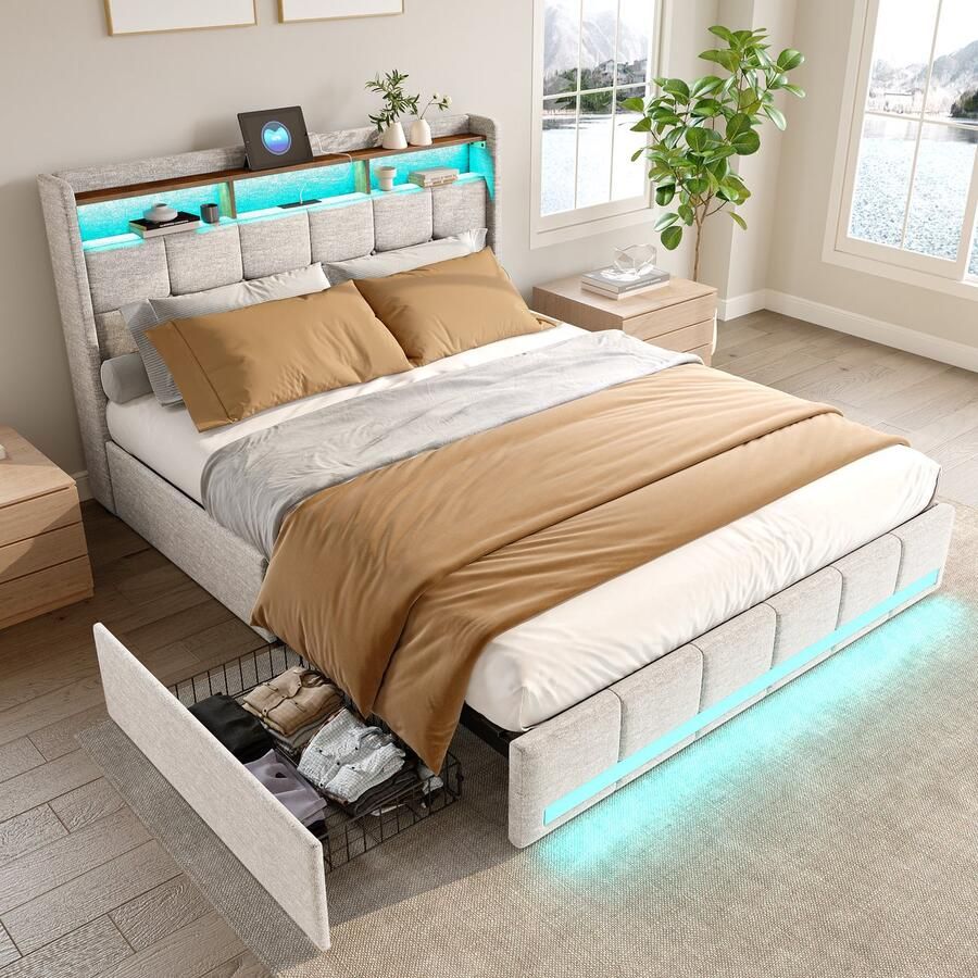 BursDany Gestoffeerd tweepersoonsbed 140x200 cm met LED's en USB Modern opbergbed met hoofdeinde lattenbodem 4 opberglades Perfect voor volwassenen en tieners Beige linnen (zonder matras)