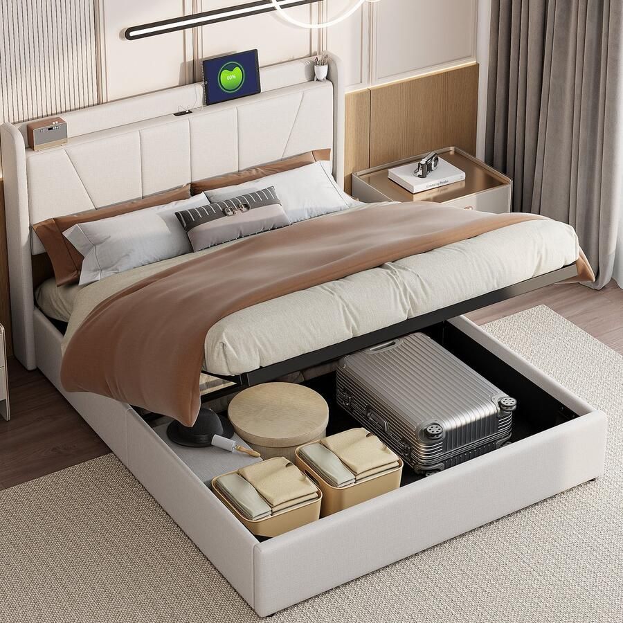 BursDany Gestoffeerd tweepersoonsbed 140x200 cm Opbergbed met USB-poort lattenbodem en hoofdeinde getuft bedframe voor volwassenen tieners beige linnengoed (zonder matras)