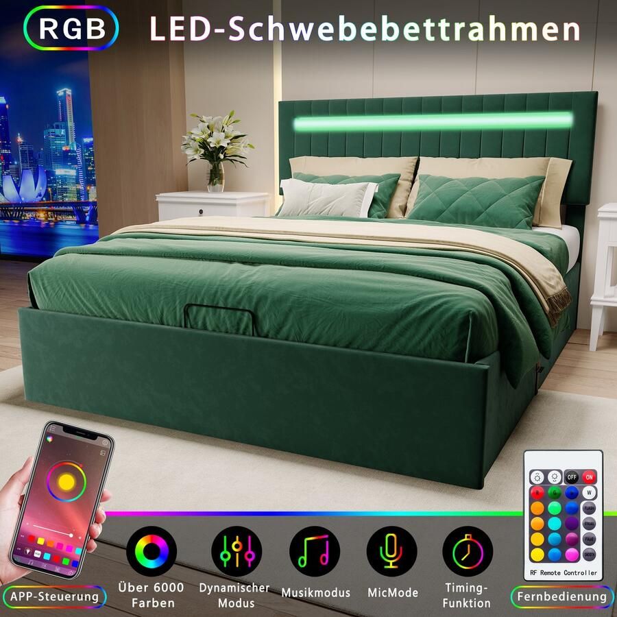 BursDany Gestoffeerd tweepersoonsbed 160x200 cm bedombouw met LED-verlichting lattenbodem en hoofdeinde bedframe voor volwassenen tieners fluweelgroen (zonder matras)