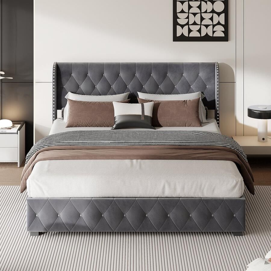 BursDany Gestoffeerd tweepersoonsbed 180x200 cm bedstee met lattenbodem en hoofdeinde gestoffeerd bedframe voor 2 volwassenen donkergrijs fluweel(zonder matras)