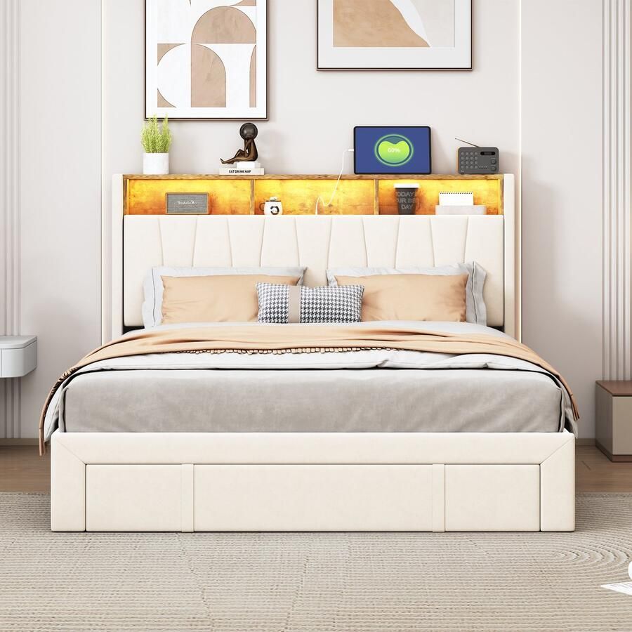 BursDany Gestoffeerd tweepersoonsbed 160x200 cm met LED en USB Bedframe met lattenbodem opbergbaar hoofdeinde en 4 laden voor volwassenen en tieners zonder matras beige fluweel