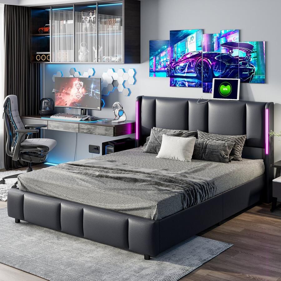 BursDany Gestoffeerd tweepersoonsbed 160x200 cm met LED en USB Modern bed met lattenbodem en hoofdeinde 2-persoons bedframe voor volwassenen en tieners zwart PU (zonder matras)
