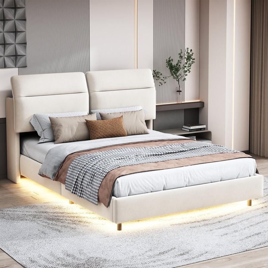 BursDany Gestoffeerd tweepersoonsbed 160x200 cm met LED-verlichting Bed voor volwassenen met lattenbodem en hoofdeinde opvouwbaar hoofdeindekussen bedframe met opbergruimte in beige fluweel (zonder matras)
