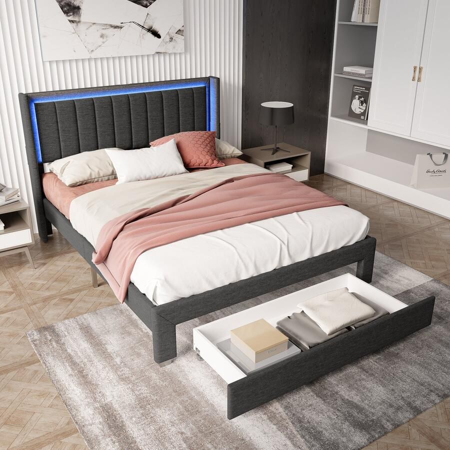 BursDany Gestoffeerd tweepersoonsbed 160x200 cm met LED-verlichting en USB-poort Tienerbed met opberglade bedframe met lattenbodem en hoofdeinde zonder matras grijs linnen