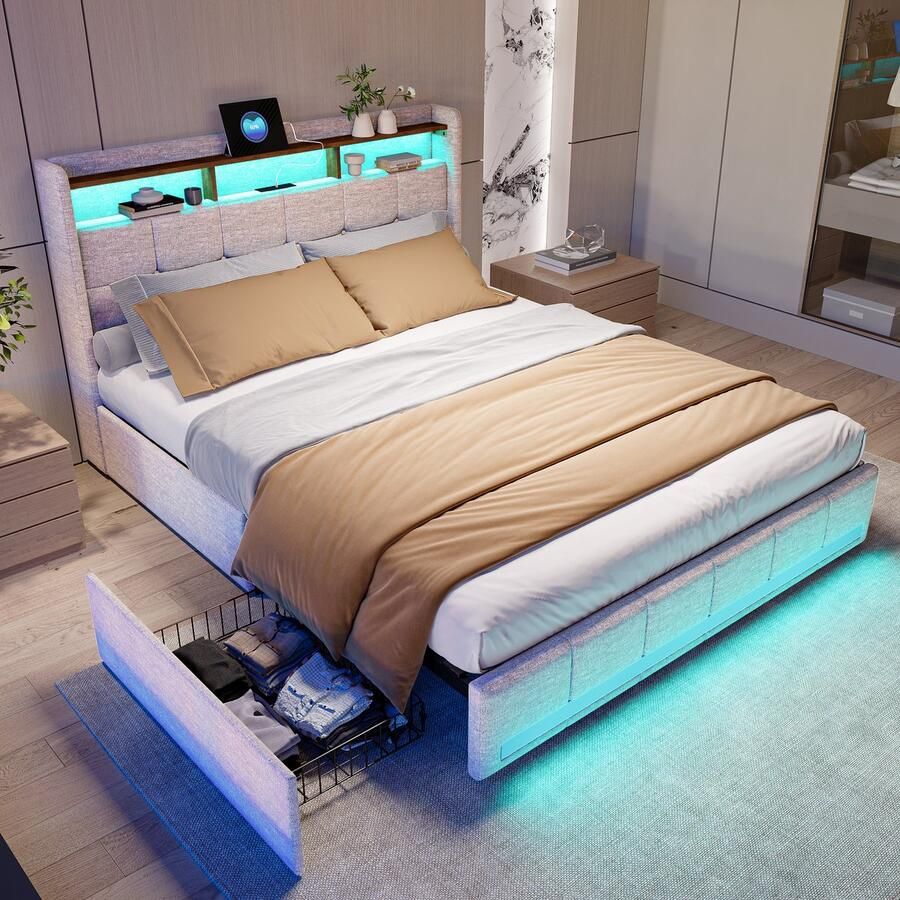 BursDany Gestoffeerd tweepersoonsbed 160x200 cm met LED's en USB Modern opbergbed met hoofdeinde lattenbodem 4 opberglades Perfect voor volwassenen en tieners Beige linnen (zonder matras)