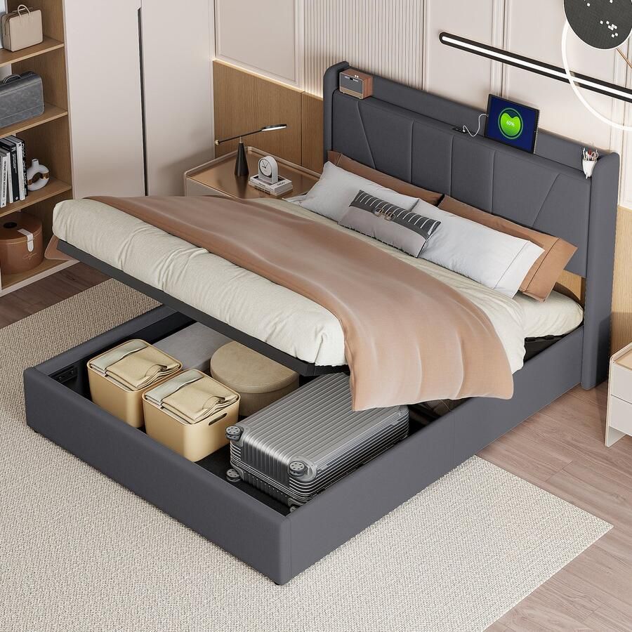 BursDany Gestoffeerd tweepersoonsbed 160x200 cm Opbergbed met USB-poort lattenbodem en hoofdeinde getuft bedframe voor volwassenen tieners grijs linnen (zonder matras)