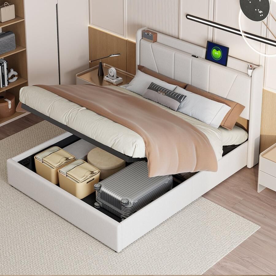 BursDany Gestoffeerd tweepersoonsbed 160x200 cm Opbergbed met USB-poort lattenbodem en hoofdeinde getuft bedframe voor volwassenen tieners beige linnengoed (zonder matras)