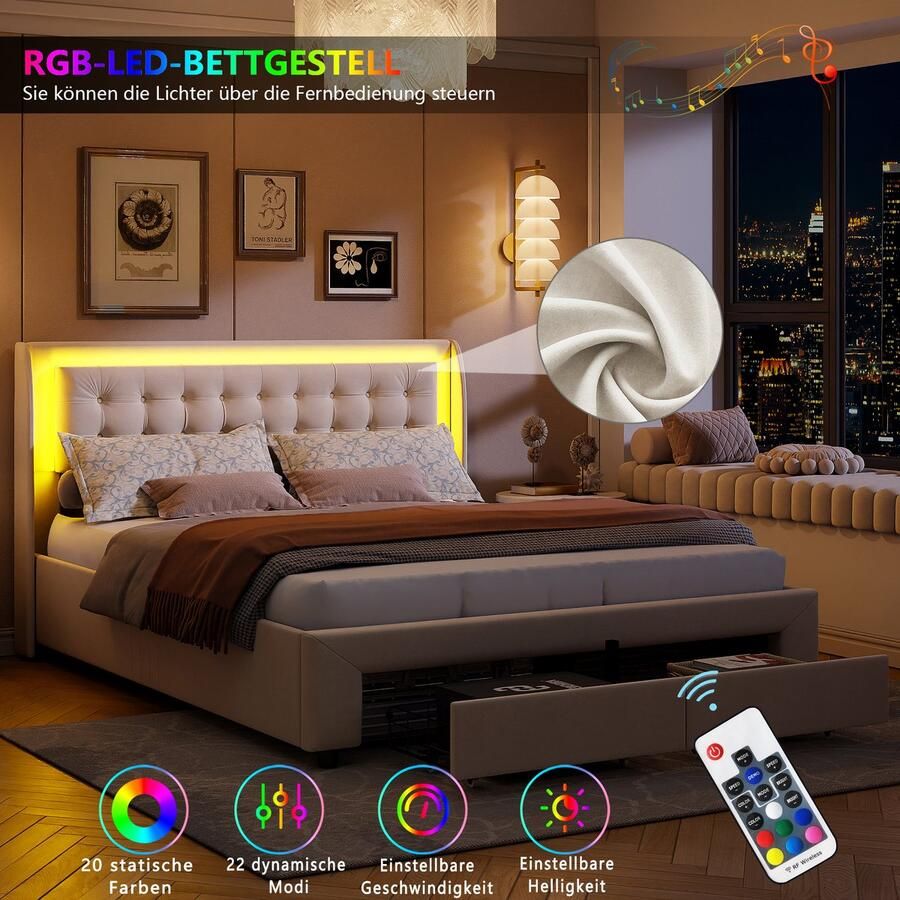 BursDany Gestoffeerd tweepersoonsbed 180x200 cm met lattenbodem en gecapitonneerd hoofdeinde bedframe met opbergruimte ideaal voor volwassenen en tieners zonder matras beige fluweel