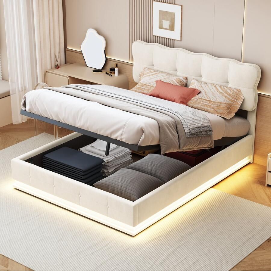 BursDany Gestoffeerd tweepersoonsbed met LED 140x190 cm Geïntegreerde commode lattenbodem en hoofdeinde bedframe voor volwassenen tienermeisje beige fluweel (zonder matras)