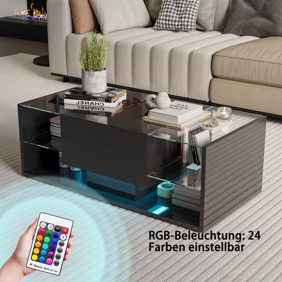 BursDany Glanzende LED Salontafel (100x50x35 cm) 4 Glazen Planken en Opberglade Moderne Woonkamertafel voor Woonkamer Slaapkamer Zwart