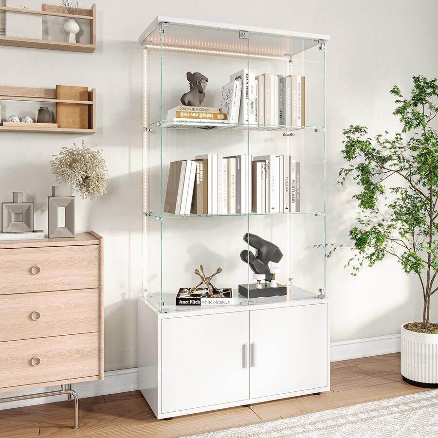 BursDany Glazen vitrine met LED en slot Vitrinekast voor verzameling 4 deuren 3 planken in ESG-glas voor slaapkamer woonkamer en bar 164 x 78 5 x 35 cm (wit LED-strip)