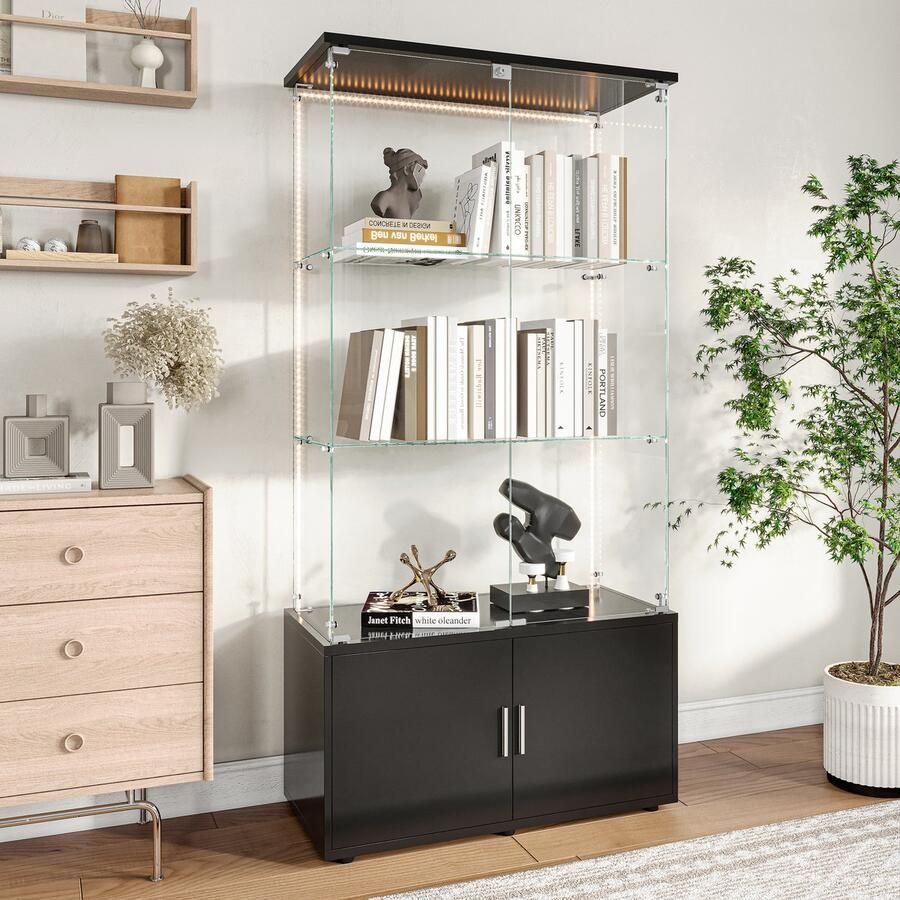 BursDany Glazen vitrine met LED en slot Vitrinekast voor verzameling 4 deuren 3 planken in ESG-glas voor slaapkamer woonkamer en bar 164 x 78 5 x 35 cm (zwart LED-strip)