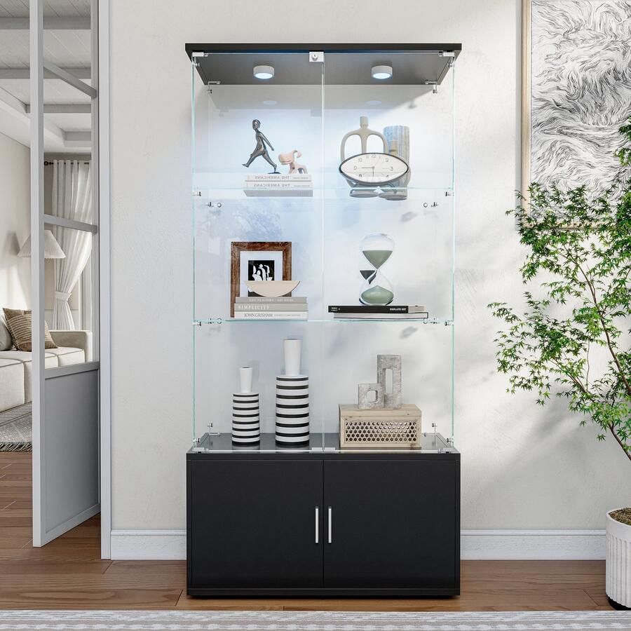 BursDany Glazen vitrine met LED en slot vitrinekast voor verzameling 4 deuren 3 planken in ESG-glas voor slaapkamer woonkamer en bar 164 x 78 5 x 35 cm (zwart knipperend)