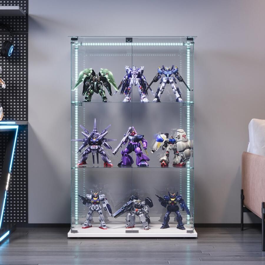 BursDany Glazen vitrine met LED vitrinekast voor verzameling 2 deuren 3 planken in ESG-glas voor slaapkamer woonkamer en bar 123 x 78 5 x 35 cm (wit LED-strip)