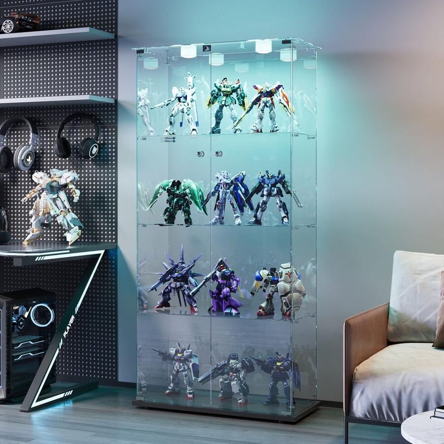 BursDany Glazen vitrine met LED vitrinekast voor verzameling 2 deuren 4 planken in ESG-glas voor slaapkamer woonkamer en bar 163 x 78 5 x 35 cm (zwart knipperend)