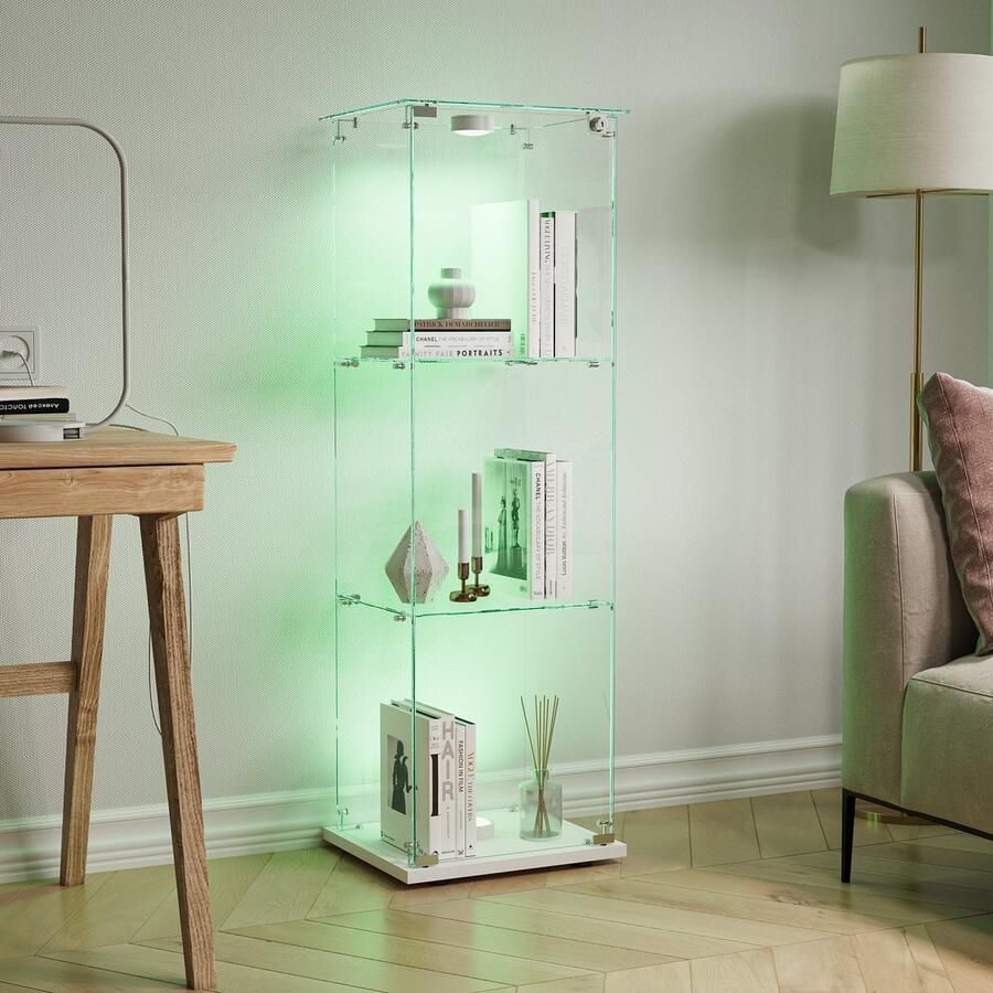 BursDany Glazen vitrine met LED vitrinekast voor verzameling 3 ESG-glazen planken voor slaapkamer woonkamer en bar 123 x 39 8 x 35 cm (wit knipperend)