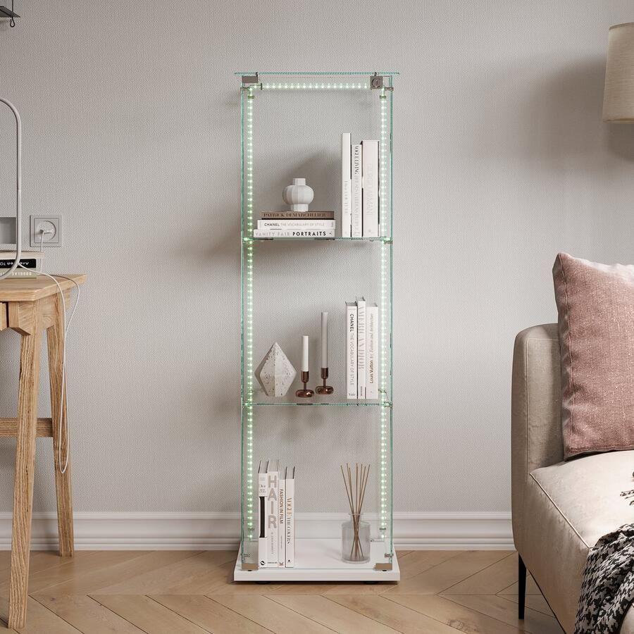 BursDany Glazen vitrine met LED vitrinekast voor verzameling 3 ESG-glazen planken voor slaapkamer woonkamer en bar 123 x 39 8 x 35 cm (wit LED-strip)