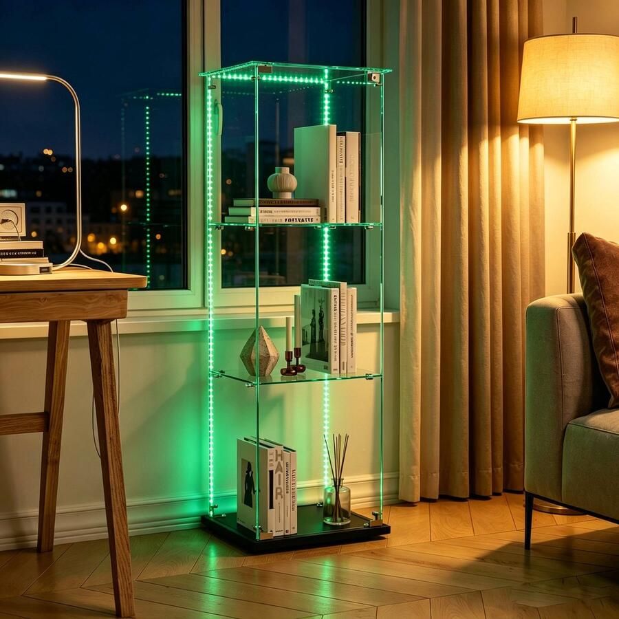 BursDany Glazen vitrine met LED Vitrinekast voor verzameling 3 ESG-glazen planken voor slaapkamer woonkamer en bar 123 x 39 8 x 35 cm (zwart LED-strip) - Foto 2