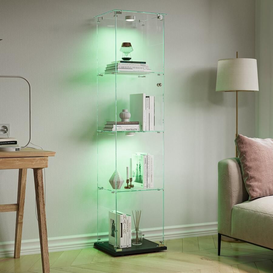 BursDany Glazen vitrine met LED vitrinekast voor verzameling 4 planken in ESG-glas voor slaapkamer woonkamer en bar 163 x 39 8 x 35 cm (zwart knipperend)