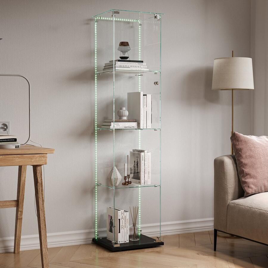 BursDany Glazen vitrine met LED Vitrinekast voor verzameling 4 planken in ESG-glas voor slaapkamer woonkamer en bar 163 x 39 8 x 35 cm (zwart LED-strip)