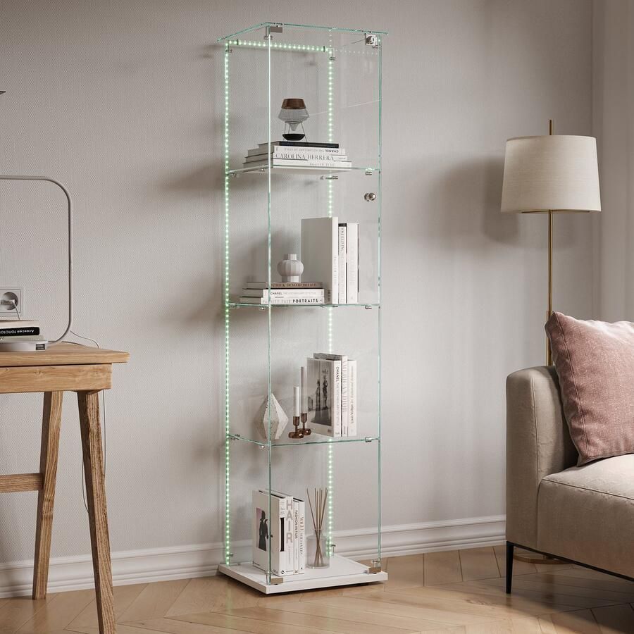 BursDany Glazen vitrine met LED vitrinekast voor verzameling 4 planken in ESG-glas voor slaapkamer woonkamer en bar 163 x 39 8 x 35 cm (wit LED-strip)