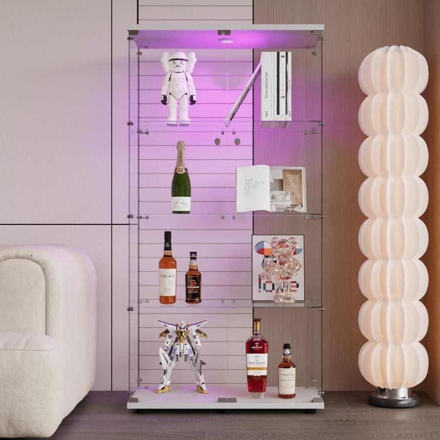 BursDany Glazen vitrinekast met LED moderne vitrinekast met 2 deuren en 4 legborden van ESG-glas verzamelvitrine voor de bar de woonkamer 164 x 80 x 36 cm wit