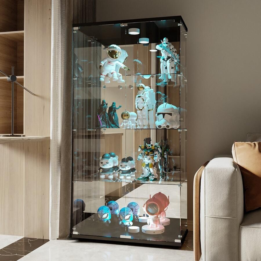 BursDany Glazen vitrinekast met LED moderne vitrinekast met 2 deuren en 4 legborden van Spiegel ESG-glas verzamelvitrine voor de bar de woonkamer 164 x 80 x 36 cm zwart