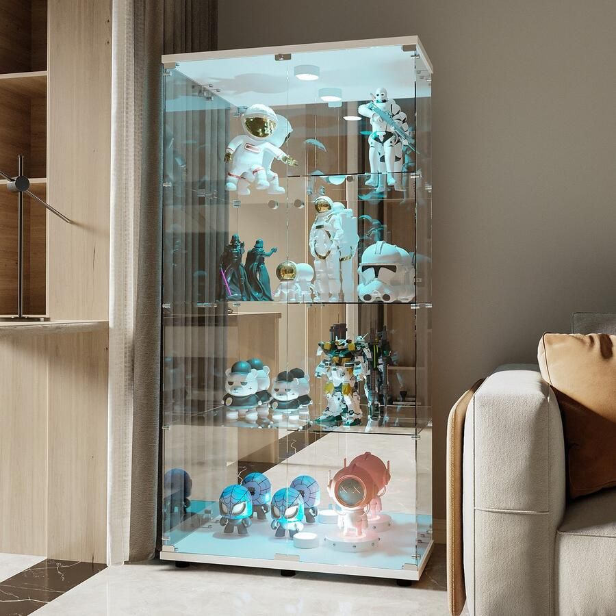 BursDany Glazen vitrinekast met LED moderne vitrinekast met 2 deuren en 4 legborden van Spiegel ESG-glas verzamelvitrine voor de bar de woonkamer 164 x 80 x 36 cm wit