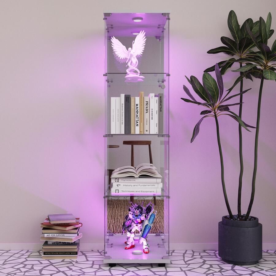 BursDany Glazen vitrinekast met LED Moderne vitrinekast met 4 planken van ESG-Spiegelglas verzamelvitrine voor bar woonkamer 164 x 42 5 x 36 5 cm Wit