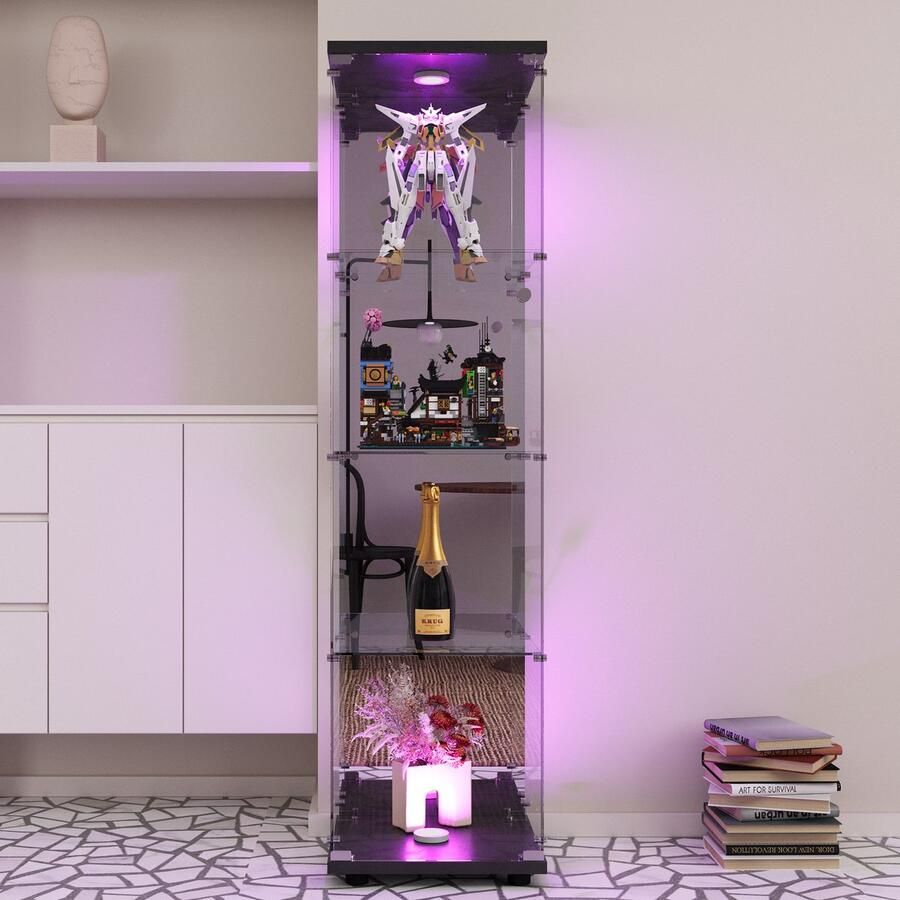 BursDany Glazen vitrinekast met LED Moderne vitrinekast met 4 planken van ESG-Spiegelglas verzamelvitrine voor bar woonkamer 164 x 42 5 x 36 5 cm Zwart