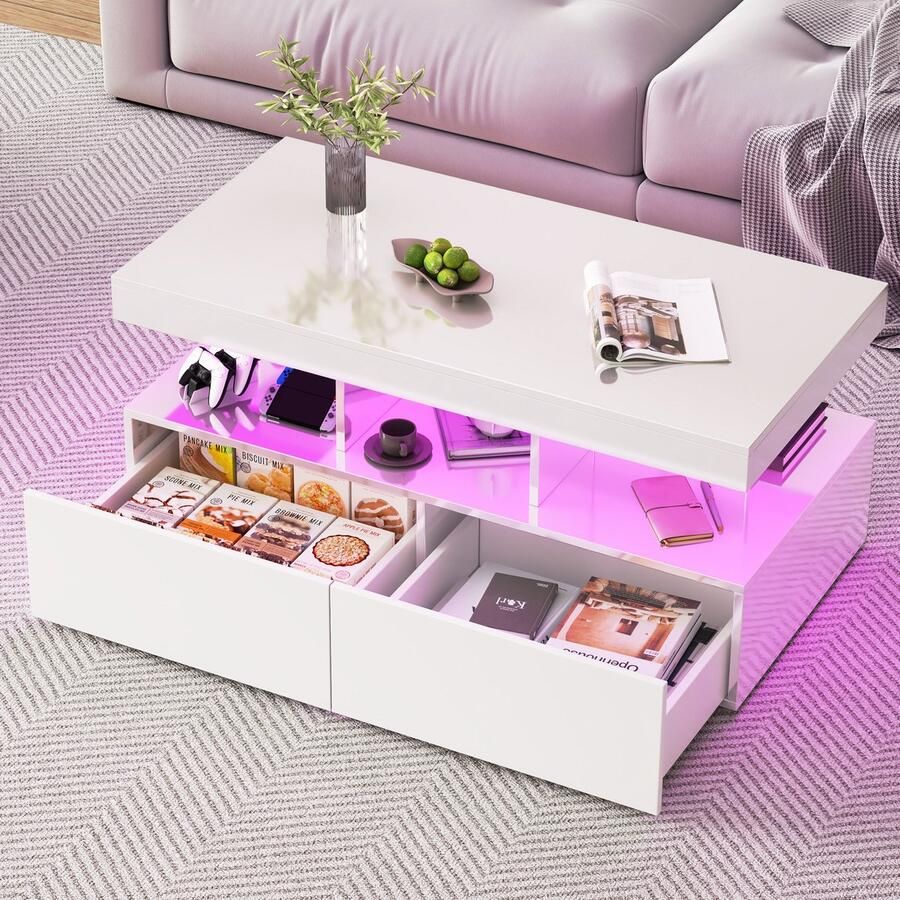 BursDany Hoogglans salontafel met LED-verlichting moderne salontafel met opbergruimte Geschikt voor woon- en slaapkamers 104 x 53 x 46 cm Wit