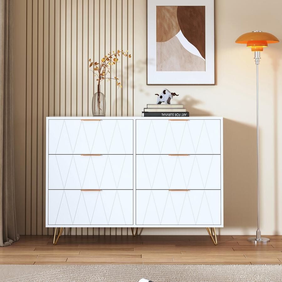 BursDany Kast met 6 lades sideboard ladekast kommode bijzetkast smalle kast voor woonkamer slaapkamer gang 100x34x72cm wit