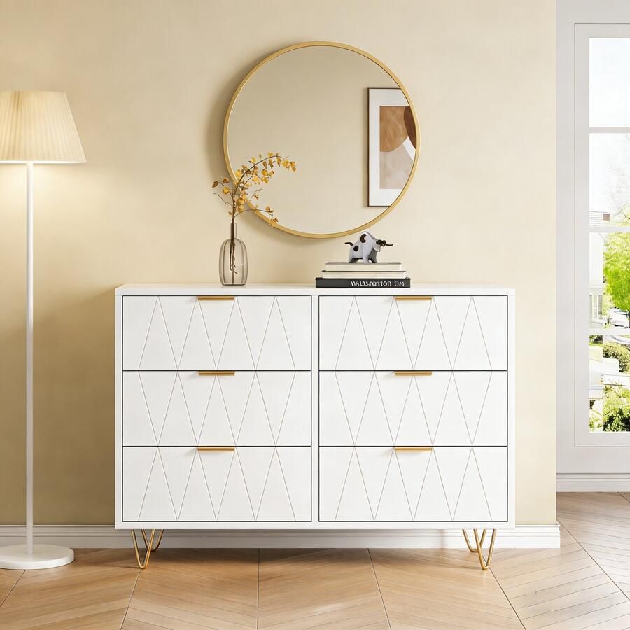 BursDany Kast met 6 lades sideboard ladekast kommode bijzetkast smalle kast voor woonkamer slaapkamer gang 100x34x72cm wit