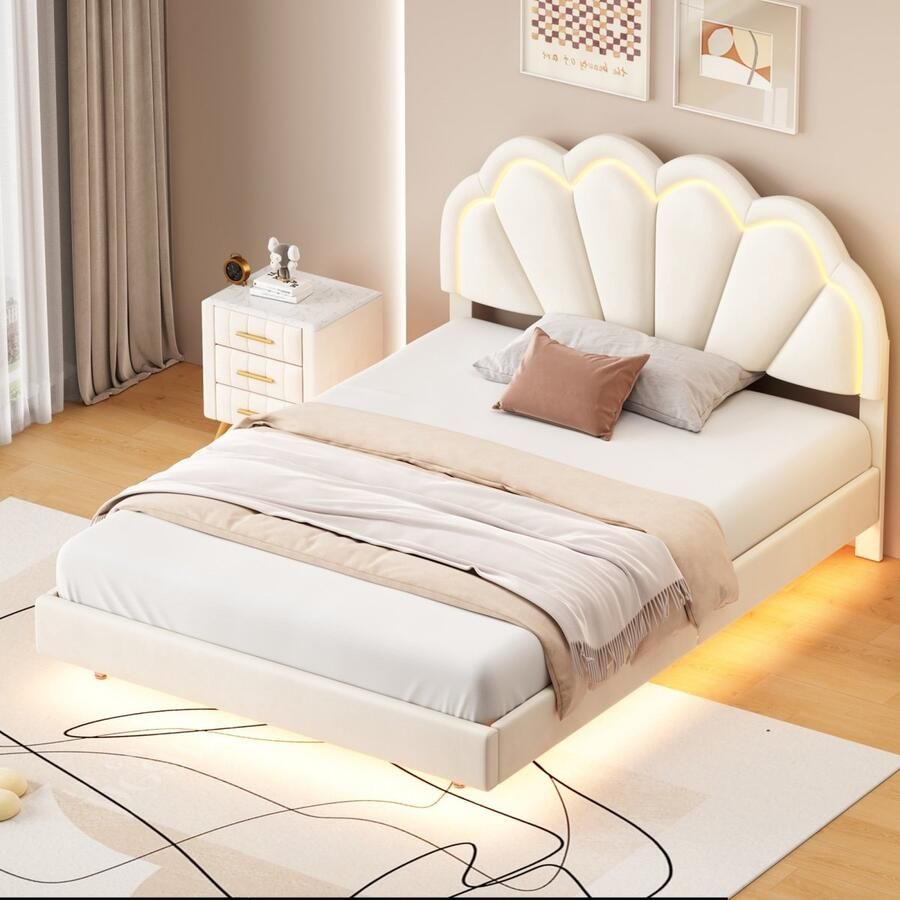 BursDany Kinderbed 140x200 cm gestoffeerd tweepersoonsbed voor meisjes prinsessenbed jeugdbed gestoffeerd zwevend bedframe met LED-lichtlijsten fluweelstof beige (zonder matras)