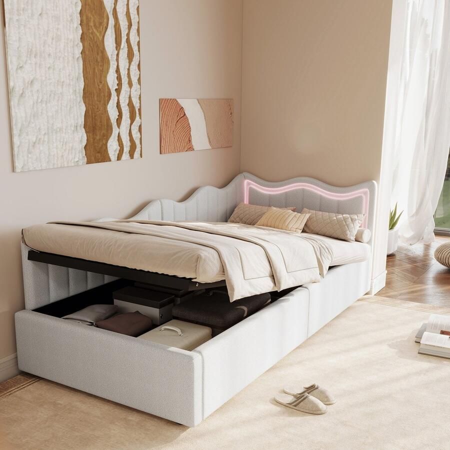 BursDany Kinderbed Eenpersoons gestoffeerd bed 90x200 cm met LED-verlichting Slaapbank Design L verwisselbaar Wit krullend voor Meisjes en Tieners(Zonder Matras)