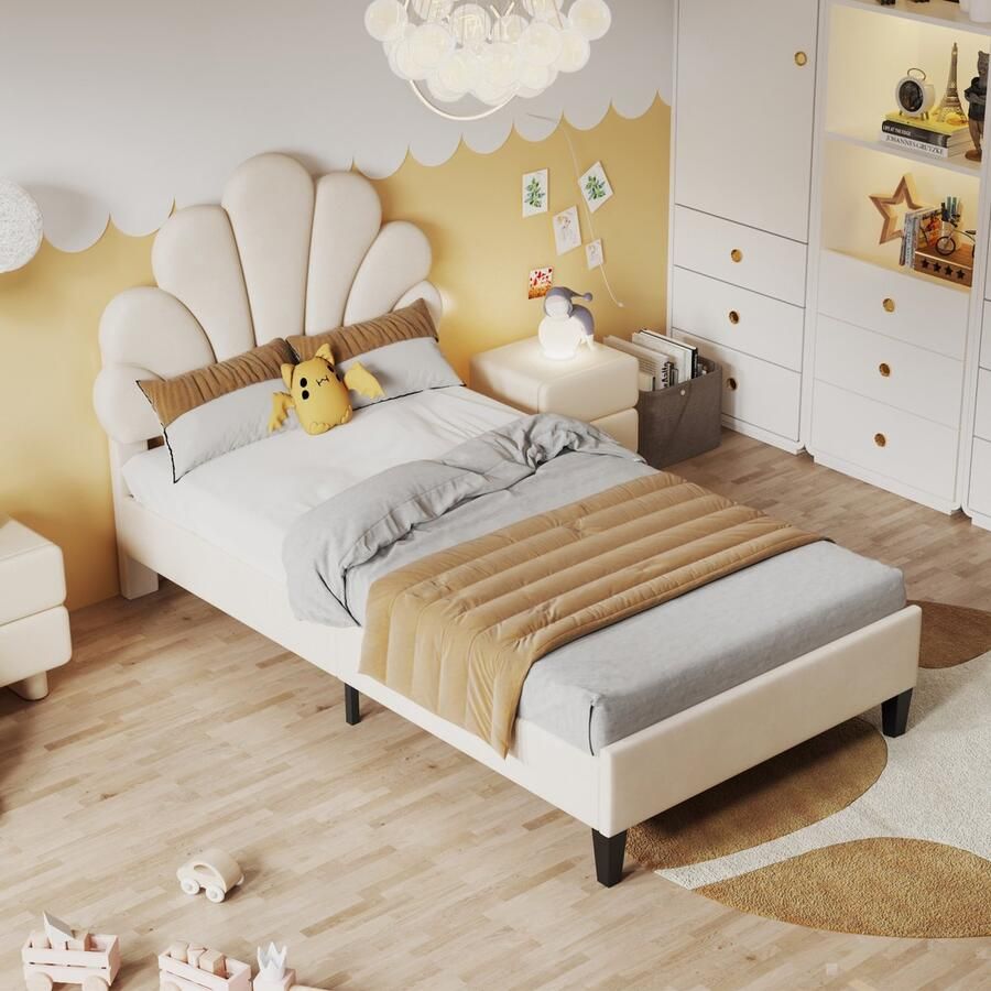 BursDany Kinderbed eenpersoonsbed 90 x 200 cm gestoffeerd bed met bloemvormig hoofdeinde en lattenbodem van fluweel zonder matras beige