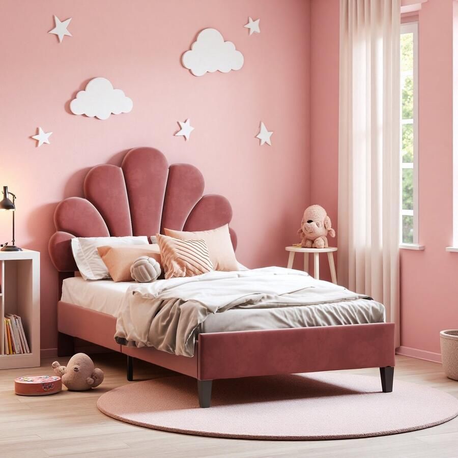 BursDany Kinderbed eenpersoonsbed 90 x 200 cm gestoffeerd bed met bloemvormig hoofdeinde en lattenbodem van fluweel zonder matras Bordeaux - Foto 2