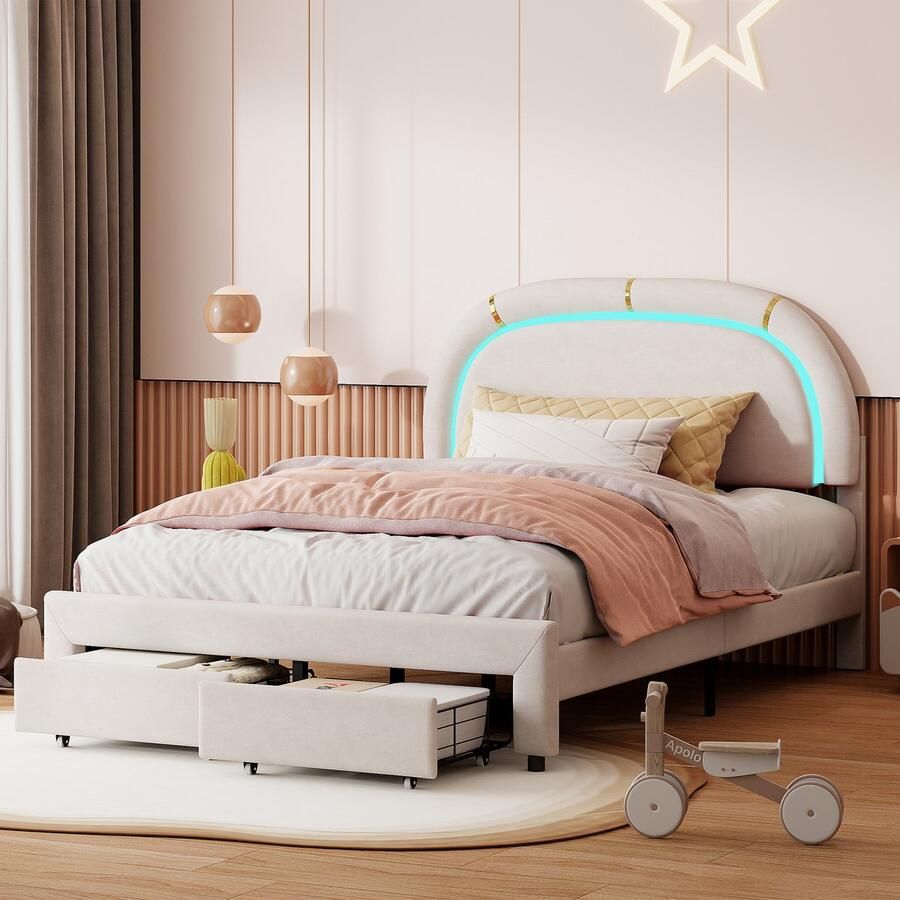 BursDany Kinderbed gestoffeerd bed 140x200 eenpersoonsbed voor meisjes prinsessenbed jeugdbed met verstelbare led-lichtlijsten en 2 lades fluweelstof beige (zonder matras)