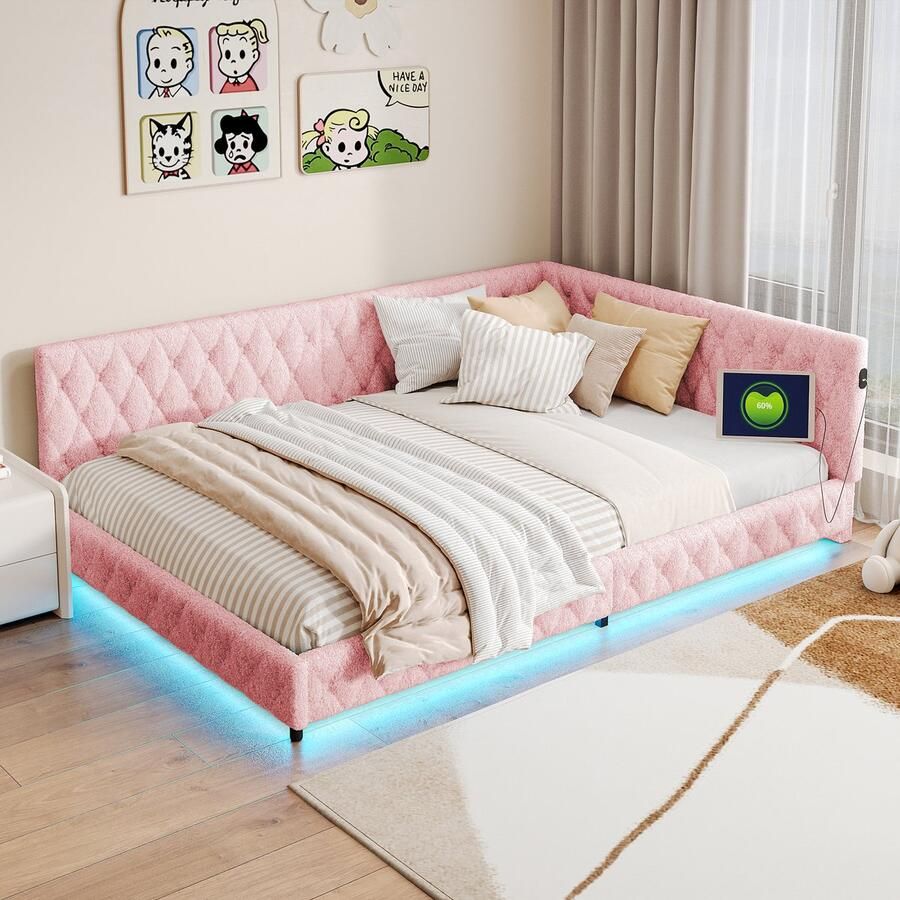 BursDany Kinderbed Tweepersoons gestoffeerd bed 140x200 cm met LED-verlichting en USB Slaapbank Roze krullend voor Meisjes en Tieners(Zonder Matras)
