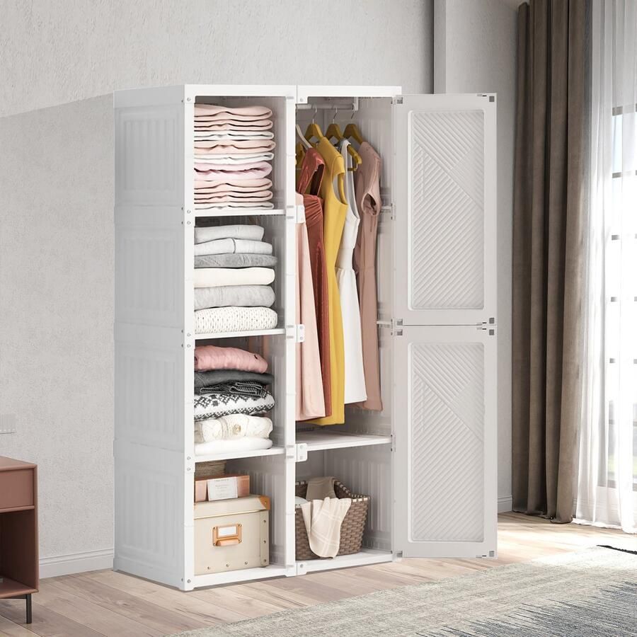 BursDany Kledingkasten draagbare slaapkamerkast modulaire vouwkast met magnetische deuren en 1 hangroede kleine kunststof kledingkast voor woon- en slaapkamer 136x69x50 cm(wit)