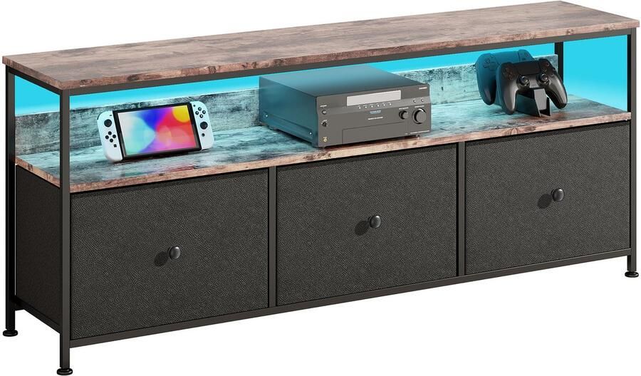 BursDany LED TV-standaard met 3 laden Kleine TV-kast met opbergruimte TV-bankje Tv meubel Stoffen ladekast voor de woonkamer Slaapkamer Hal Rustiek 108x30x57cm Zwart