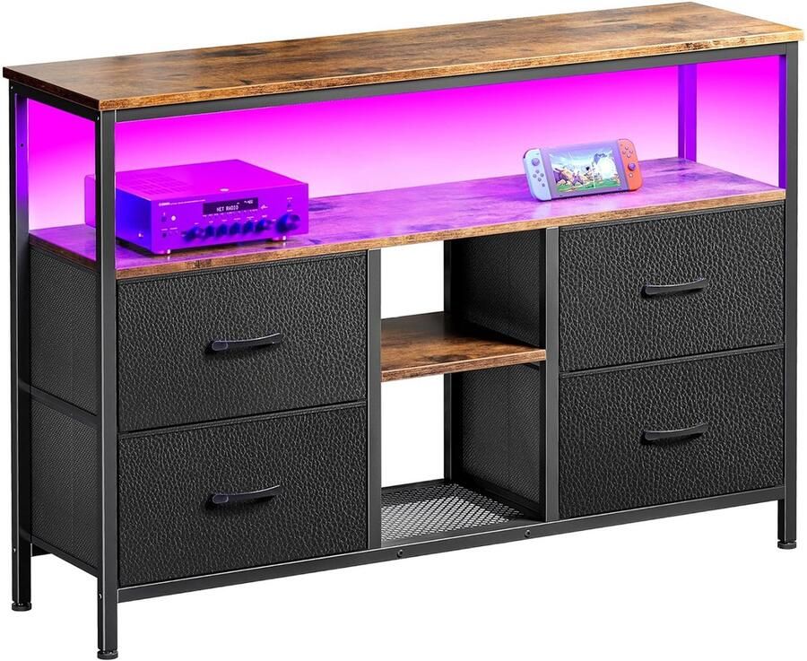 BursDany LED TV-standaard met 4 laden Kleine TV-kast met opbergruimte TV-bankje Tv meubel Stoffen ladekast voor de woonkamer Slaapkamer Hal Rustiek 108x30x77cm Zwart