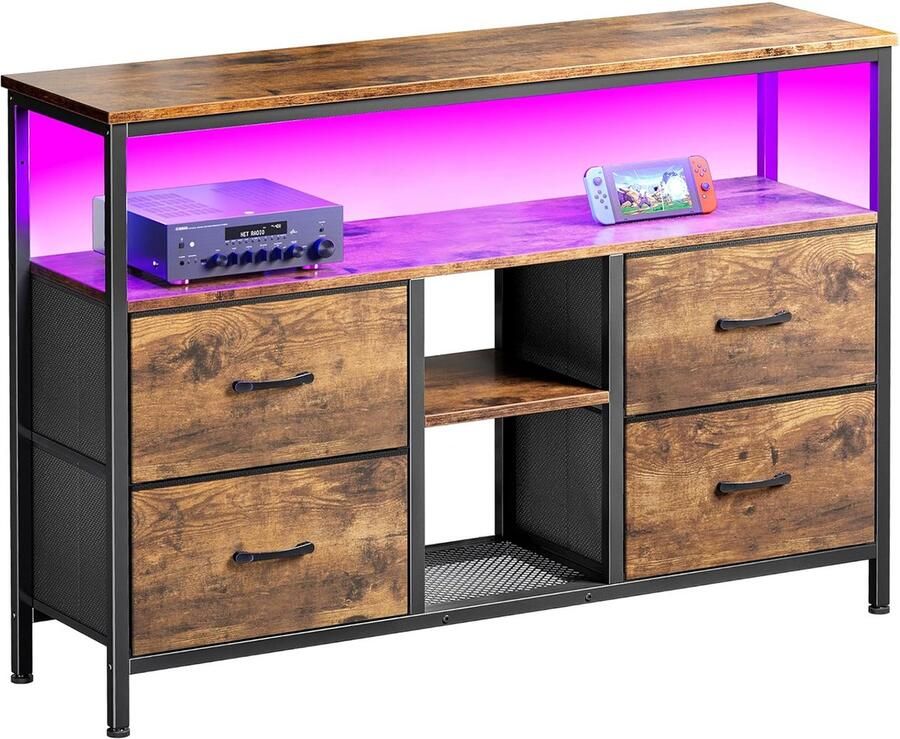 BursDany LED TV-standaard met 4 laden Kleine TV-kast met opbergruimte TV-bankje Tv meubel Stoffen ladekast voor de woonkamer Slaapkamer Hal Rustiek 137x30x77cm Bruin Rustiek