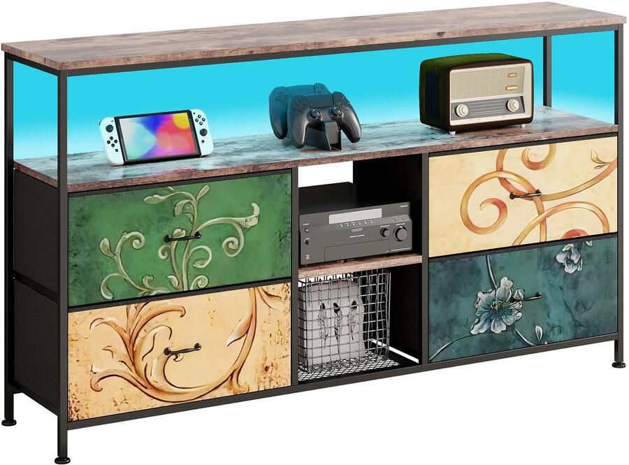 BursDany LED TV-standaard met 4 laden Kleine TV-kast met opbergruimte TV-bankje Tv meubel Stoffen ladekast voor de woonkamer Slaapkamer Hal Rustiek 137x30x78cm gekleurd