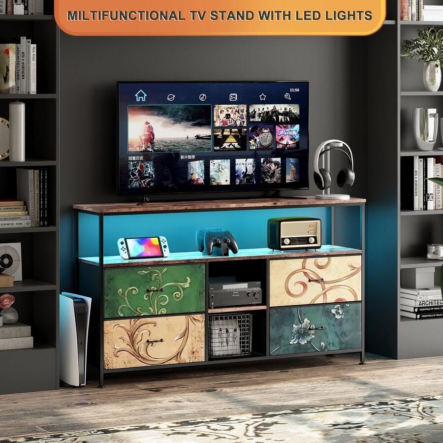 BursDany LED TV-standaard met 4 laden Kleine TV-kast met opbergruimte TV-bankje Tv meubel Stoffen ladekast voor de woonkamer Slaapkamer Hal Rustiek 108x30x77cm kleurig