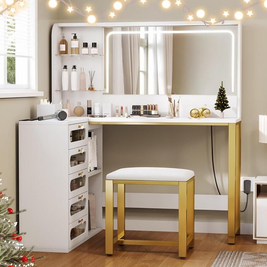 BursDany Make-up tafel met spiegel hoek kaptafel met LED-verlichting verstelbare helderheid en kruk cosmetische tafel met 5 lades (wit) - Foto 2