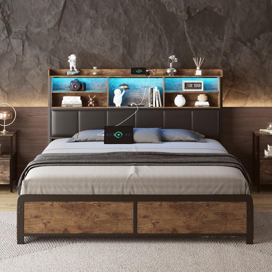 BursDany Metalen bed 140x200 cm met LED en USB Tweepersoonsbed met opberghoofdbord en 4 laden Metalen bedframe met lattenbodem geschikt voor volwassenen en tieners vintage bruin + zwart