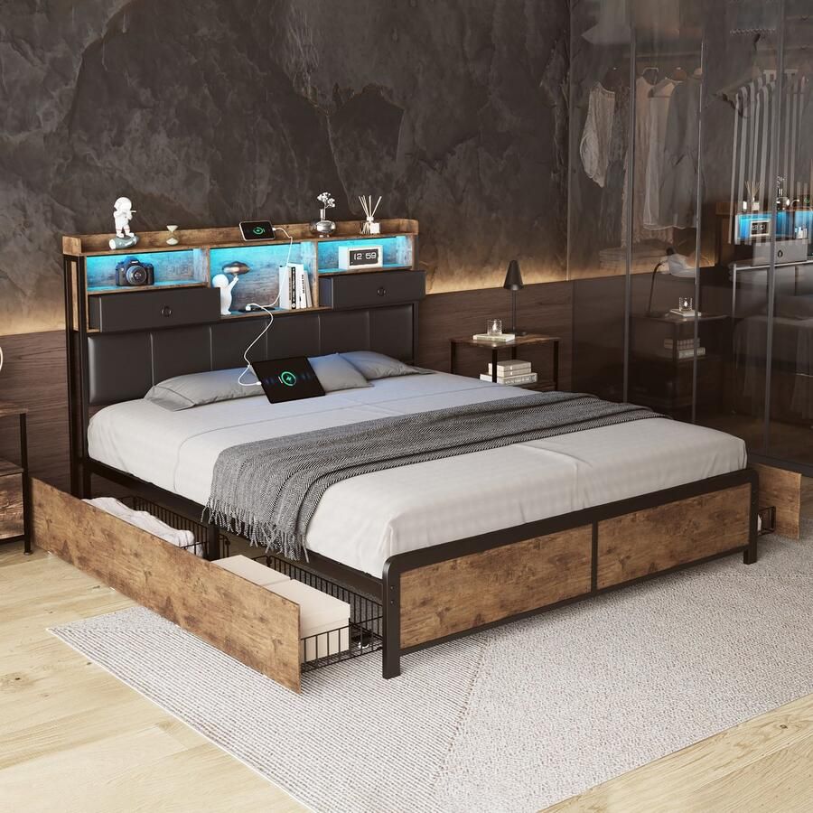 BursDany Metalen bed 160x200 cm met LED en USB Tweepersoonsbed met opberghoofdbord en 4 laden Metalen bedframe met lattenbodem geschikt voor volwassenen en tieners vintage bruin + zwart