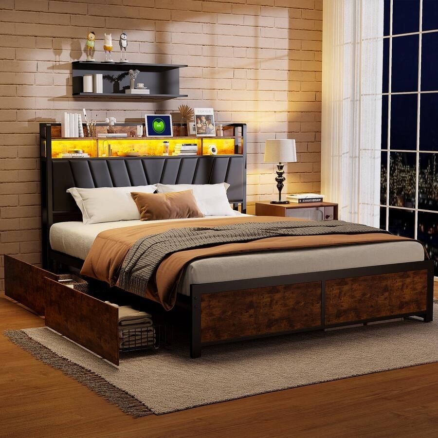 BursDany Metalen bed 180x200 cm met ledverlichting en USB tweepersoonsbed met gestoffeerd hoofdeinde en 4 lades opbergruimte voor volwassenen en jongeren